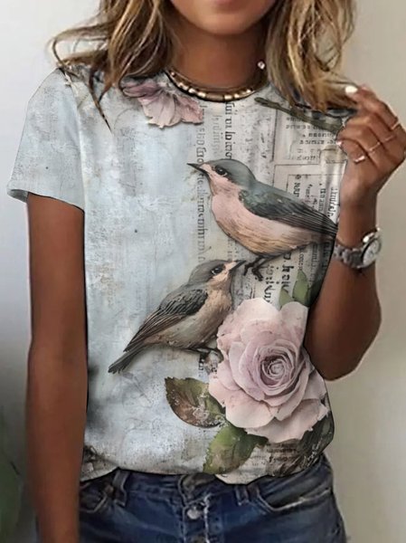 

Crew Neck Short Sleeve Floral Regular Micro-Elasticity Regular Fit Shirt For Women, Light gray, T-shirts