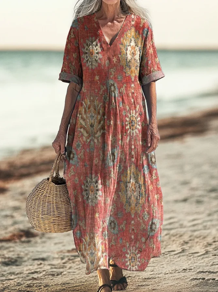 

Women Geometric V Neck Long Sleeve Comfy Vintage Maxi Dress, Red, Dresses