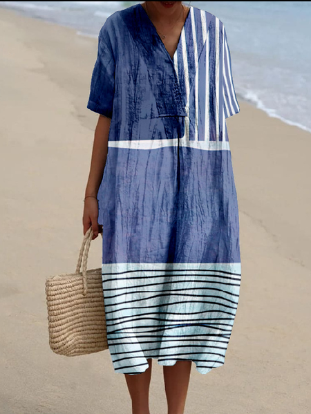 

Cotton-Blend Boho Ethnic Geometry Loose Dress With No, Blue, Dresses