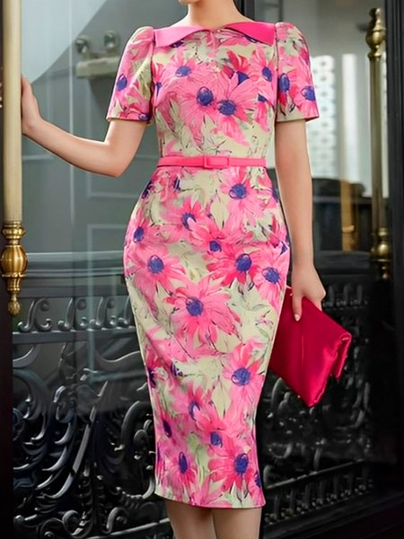Urban Floral Printing Shawl Collar Knee Length Dress With Belt, As picture, Midi Dresses