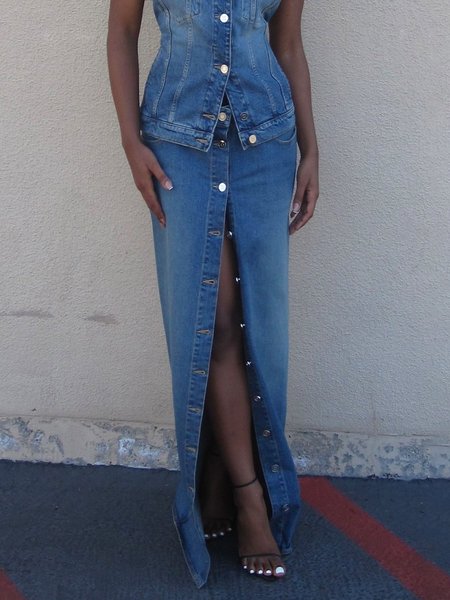 

Urban Plain Maxi Denim Skirt, Blue, Denim Skirts