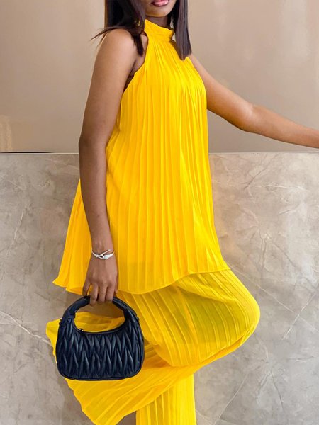 

Vacation Plain Pleated Halter Tank Top, Yellow, Tanks and Camis