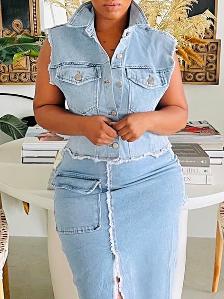

Casual Plain Shirt Collar Denim Vest, Light blue, Vests and Gilets
