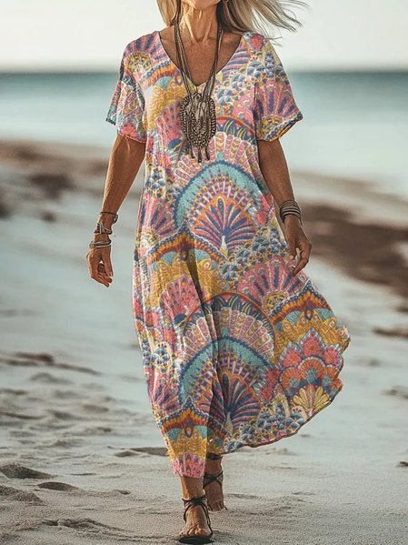 

Women Geometric V Neck Summer Maxi Dress, As picture, Dresses