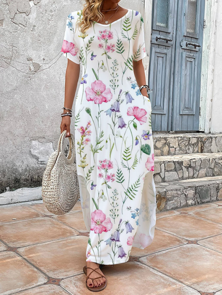 

Women's Floral Short Sleeve Summer Printing Dress V Neck Daily Casual Maxi T-Shirt Dress H-Line Dress, White, Casual Dresses
