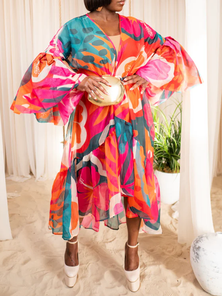 Vacation Floral Ruffle Sleeve Printing V Neck Midi Dress With Belt, As picture, Maxi Dresses