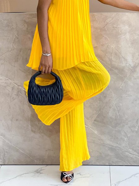 

Vacation Plain Pleated Wide Leg Pants, Yellow, Pants