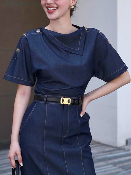 

Elegant Buttoned Asymmetrical Raglan Sleeve Denim Top, Blue, Blouses and Shirts