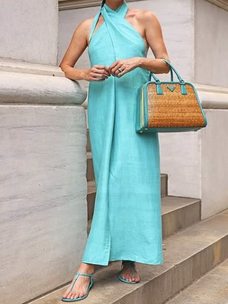

Vacation Plain Distressing Halter Maxi Dress, As picture, Maxi Dresses