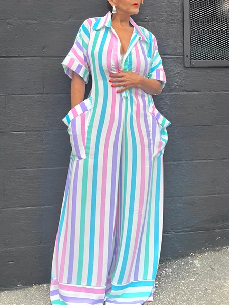 

Casual Raglan Sleeve Striped Loosen Shirt Jumpsuit, As picture, Jumpsuits