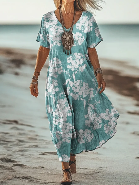 

Women's Floral Short Sleeve Summer Printing Dress V Neck Daily Casual Maxi T-Shirt Dress H-Line Dress, Blue, Casual Dresses