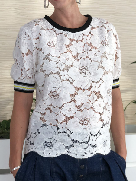 

Casual Lace Crew Neck Blouse1, White, Blouses and Shirts