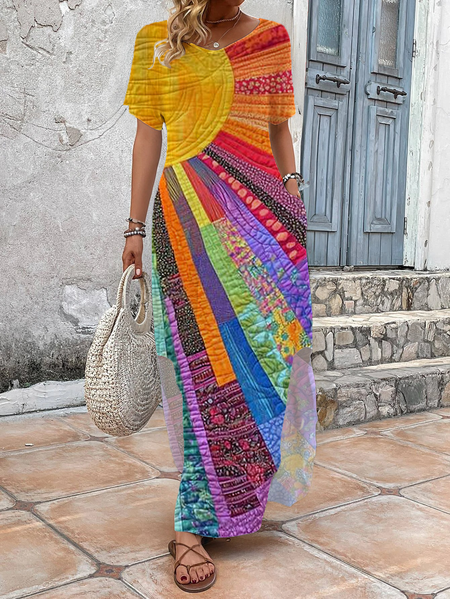 

Women's Hippie Short Sleeve Summer Printing Dress V Neck Daily Vintage Maxi T-Shirt Dress H-Line Dress, As picture, Casual Dresses