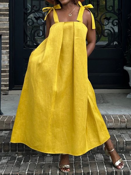 Casual Cotton And Linen Plain Gathered Spaghetti Maxi Dress, Yellow, Maxi Dresses
