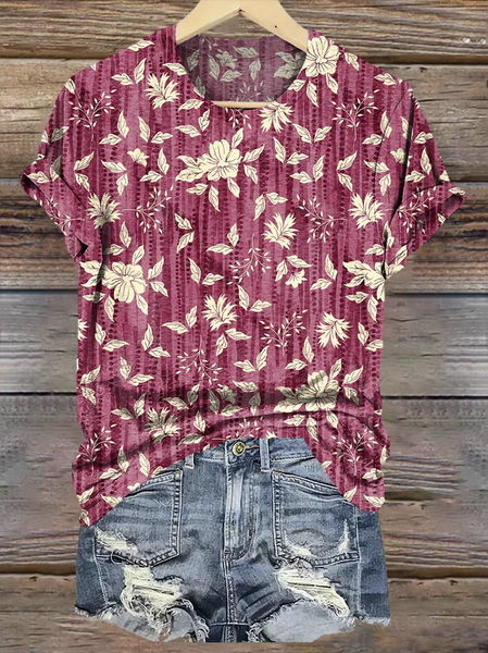 

Casual Floral Crew Neck Short Sleeve T-shirt, Red, T-shirts