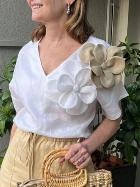 

Cotton And Linen Casual Plain 3D Floral V Neck Blouse, White, Blouses and Shirts