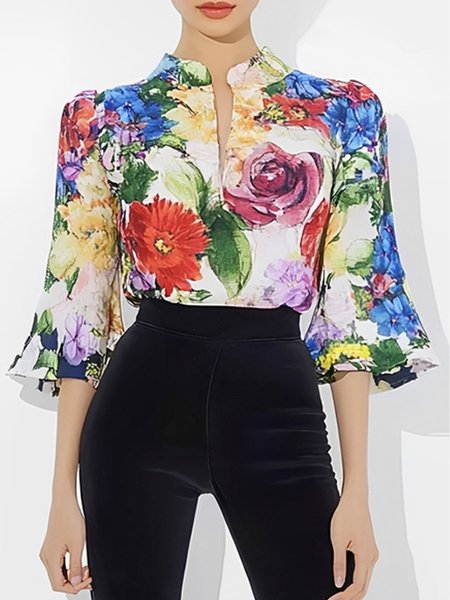 

Urban Floral Printing V Neck Bell Sleeve Blouse, As picture, Blouses and Shirts