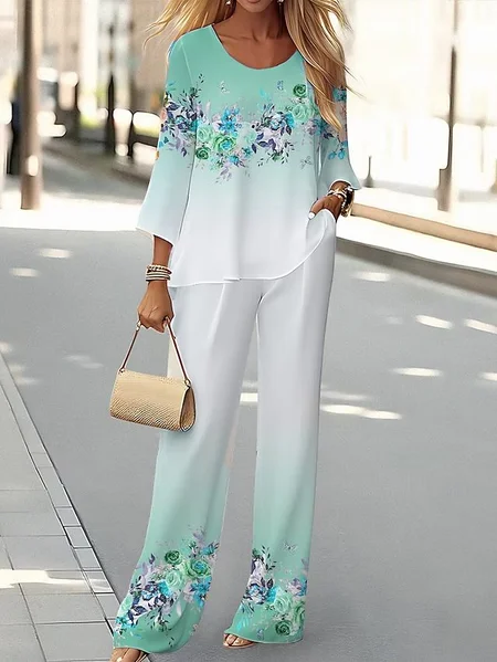 

Women's Floral Printing Two-Piece Set Daily Long Sleeve Casual Spring/Fall Top With Pants Matching Set, Green, Suit Set