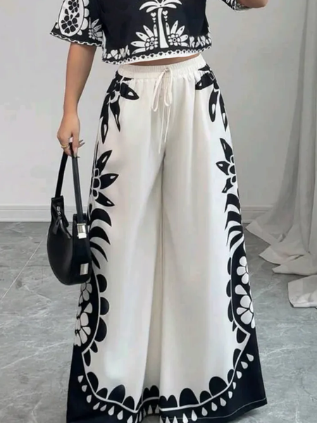 

Vacation Floral Printing Wide Leg Pants, As picture, Pants