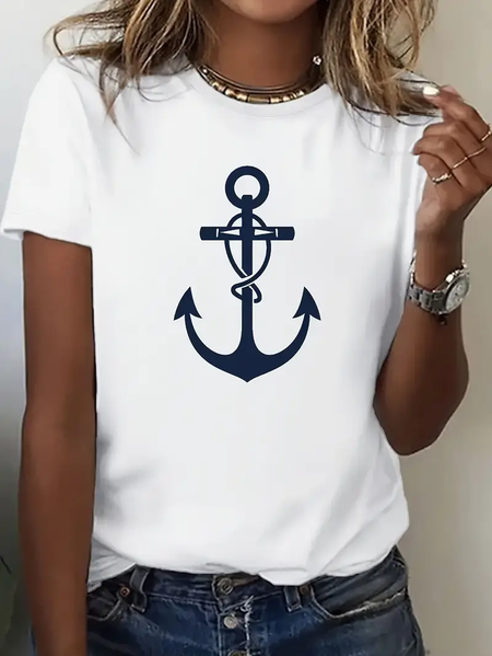 

Women's Anchor Short Sleeve Tee T-shirt Crew Neck Printing Casual Summer Graphic Tee Top, White, T-Shirts