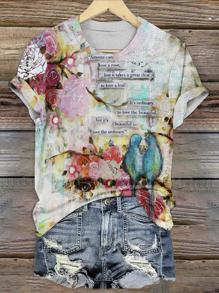 

Casual Floral Crew Neck Short Sleeve T-shirt, Light gray, T-shirts