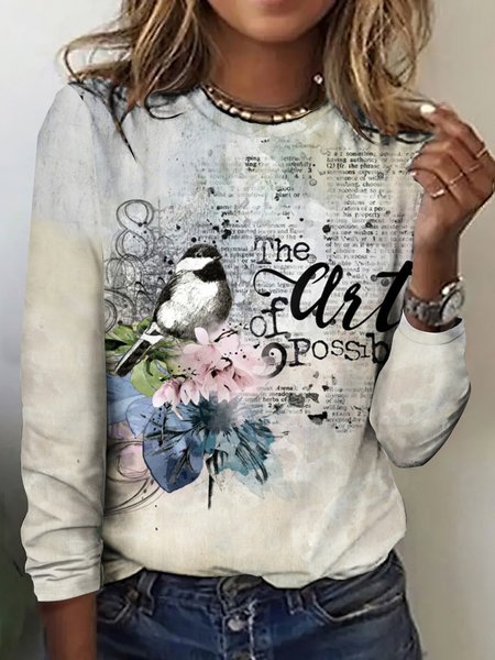 

Casual Floral Crew Neck Short Sleeve T-shirt, Apricot, T-shirts