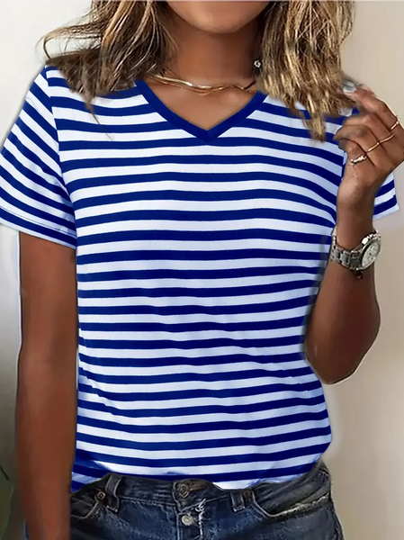 

Women's striped print V-neck short-sleeved T-shirt, Blue, T-shirts