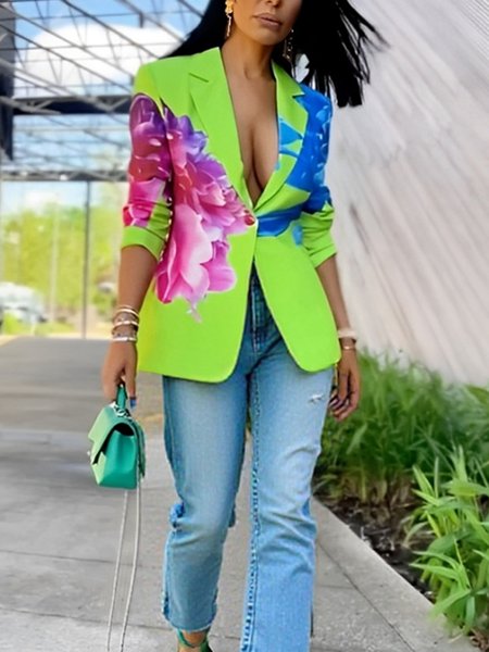 Urban Printing Floral Lapel Collar Blazer, Green, Blazers