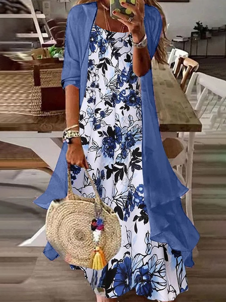 

Women Floral Printing Two-Piece Set Daily Three Quarter Sleeve Casual Spring/Fall Dress With Coat Matching Set, As picture, Suit Set