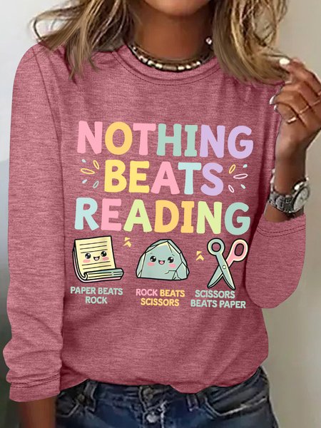 

Nothing Beats Reading Librarian Book Bookworm Casual Cotton-Blend Blouse, Pink, Long sleeves