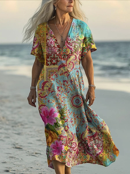 

V Neck Vintage Floral Dress With No Belt, Aqua blue, Dresses