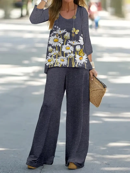 

Women's Floral Printing Two-Piece Set Daily Long Sleeve Casual Spring/Fall Top With Pants Matching Set, Deep gray, Suit Set