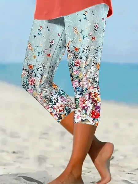 

Women's Floral Capris Elastic Waist Pant Casual Summer Trousers, As picture, Leggings