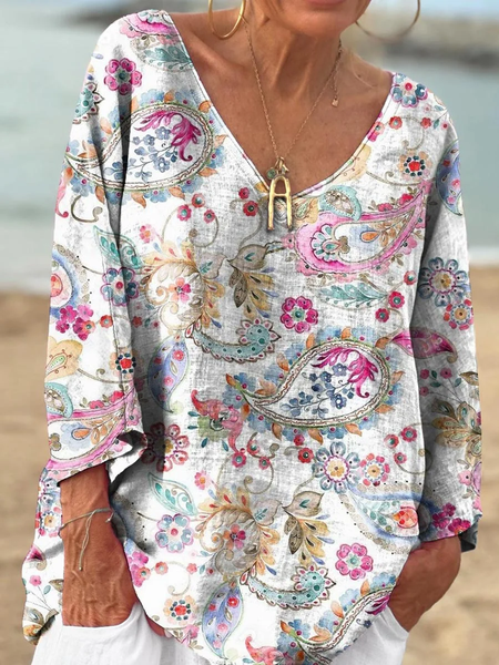

Paisley V Neck Casual T-Shirt, As picture, Long sleeves