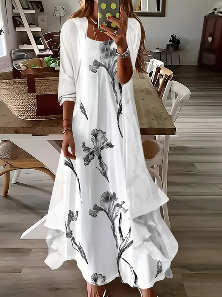 

Women Floral Printing Two-Piece Set Daily Three Quarter Sleeve Casual Spring/Fall Dress With Coat Matching Set, White, Suit Set