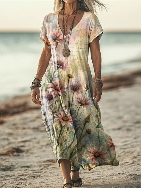 

V Neck Cotton Casual Dress, Light khaki, Maxi Dresses