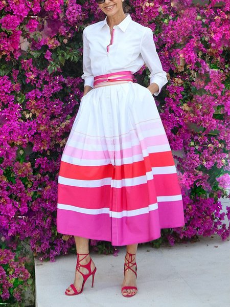 

Urban Striped Printing Shirt Collar Midi Dress With Belt, As picture, Maxi Dresses
