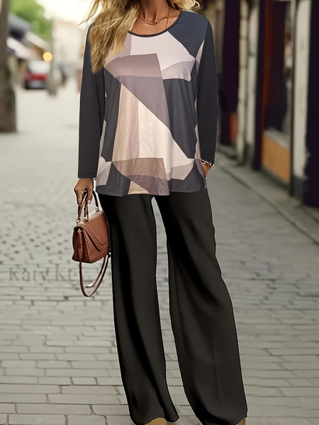 

Women's Geometric Printing Two-Piece Set Daily Long Sleeve Casual Spring/Fall Top With Pants Matching Set, As picture, Suit Set