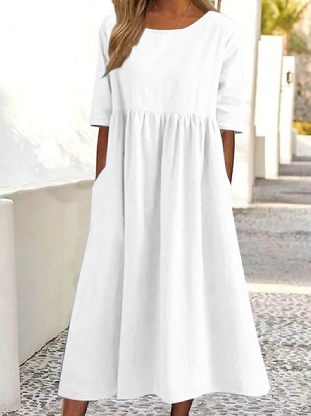 

Simple Crew Neck Loose Plain Dress With No, White, Dresses