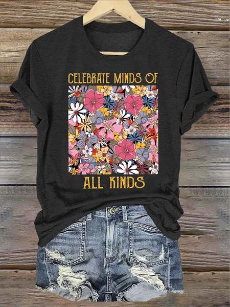 

Casual Floral Crew Neck Short Sleeve T-shirt, Black, T-shirts