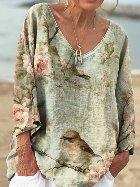 

Casual Floral V Neck Long Sleeve T-shirt, As picture, T-shirts
