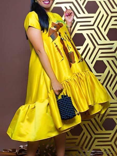 

Urban Abstract Printing Crew Neck Ruffle Midi Dress, Yellow, Midi Dresses