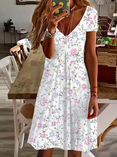 Women's Floral Spring Print Casual V-Neck Short Sleeve Dress, White, Dresses