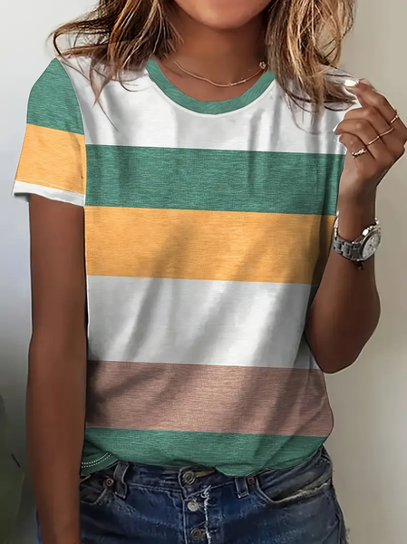 Women's Striped Print Round Neck Short Sleeve T-Shirt, As picture, T-shirts