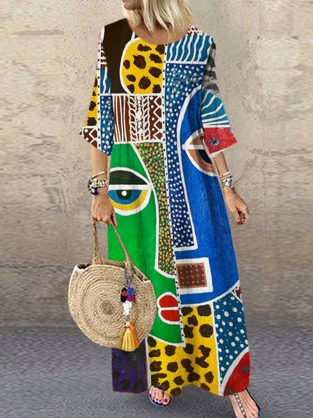 

Women Geometric Crew Neck Short Sleeve Comfy Casual Maxi Dress, Blue, Maxi
