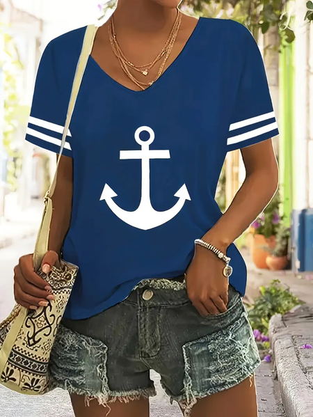 

Women's Anchor Short Sleeve Tee T-shirt V Neck Printing Casual Summer Graphic Tee Top, Purplish blue, T-Shirts
