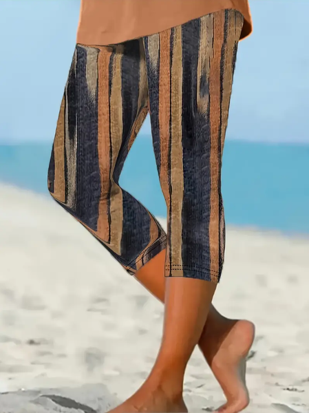 

Women's Striped Capris Elastic Waist Pant Casual Summer Trousers, As picture, Leggings