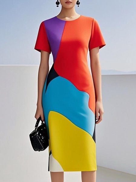 

Urban Color Block Printing Crew Neck Knee Length Dress, As picture, Midi Dresses