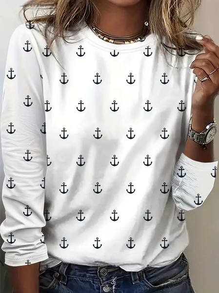 

Women's Anchor Stripe Print Crew Neck Long Sleeve T-Shirt, White, Long sleeves