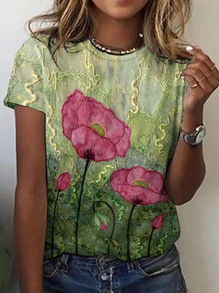 

Casual Floral Crew Neck Short Sleeve T-shirt, Lightgreen, T-shirts